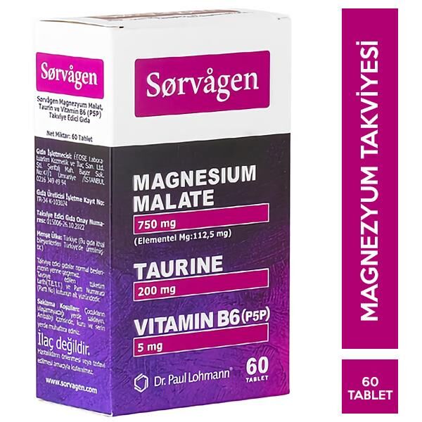 Sorvagen Magnezyum Malat Taurin ve Vitamin B6 P5P 60 Tablet